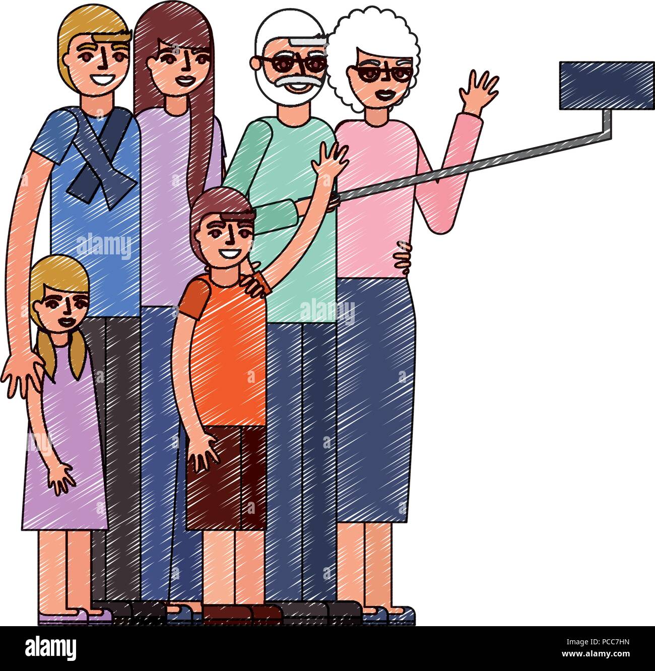 happy grandparents and parents with kids making selfie vector illustration drawing Stock Vector