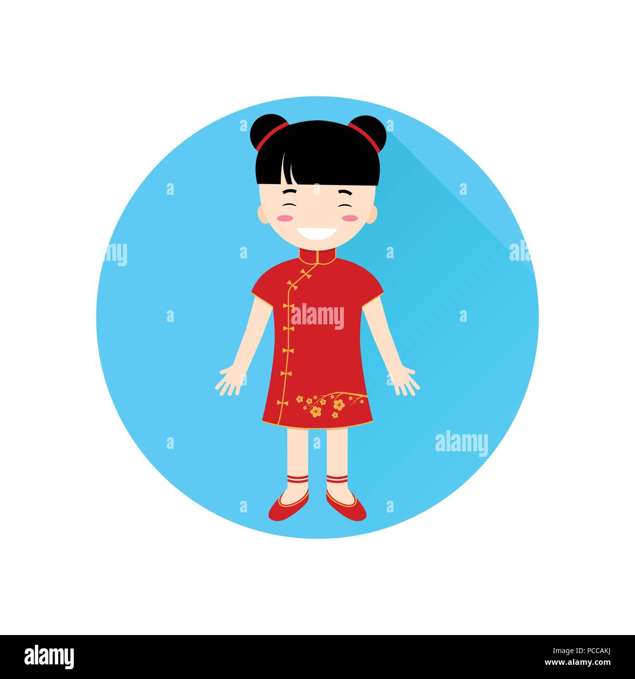 Chinese Girl flat icon on the blue circle with long shadow.Vector illustration Stock Vector