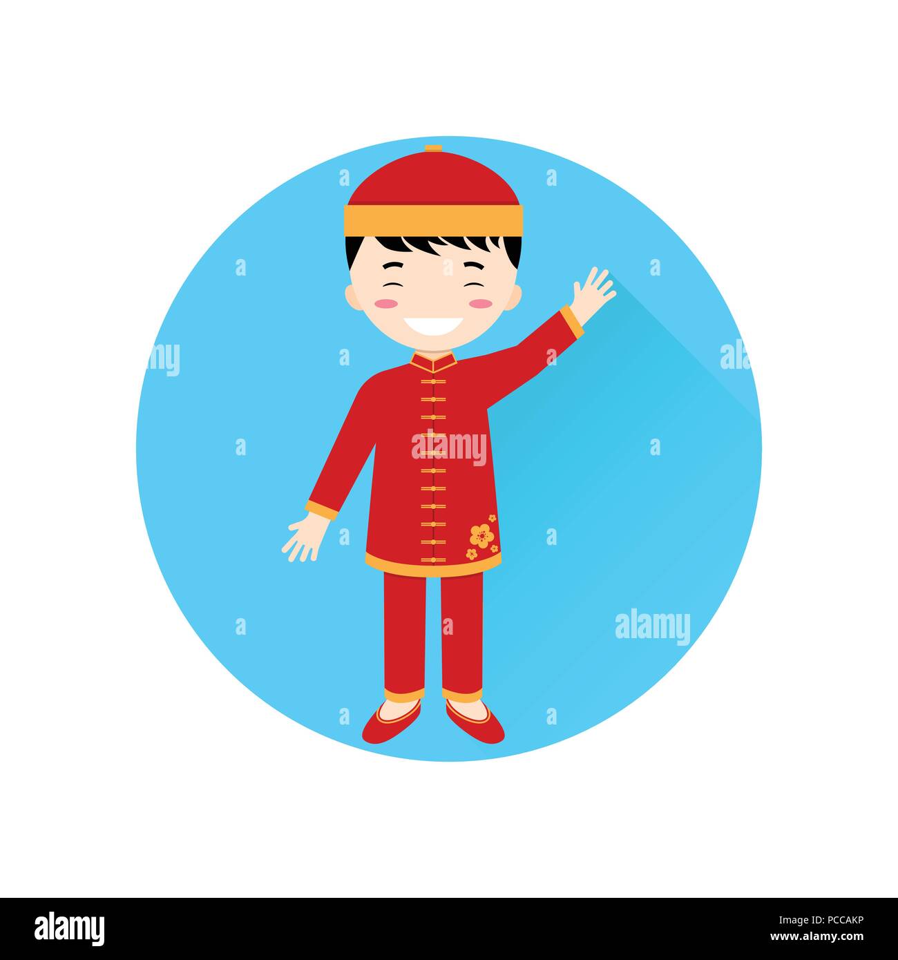 Chinese Boy flat icon on the blue circle with long shadow. Vector illustration. For web and mobile, modern minimalist flat design. Chinese new year de Stock Vector