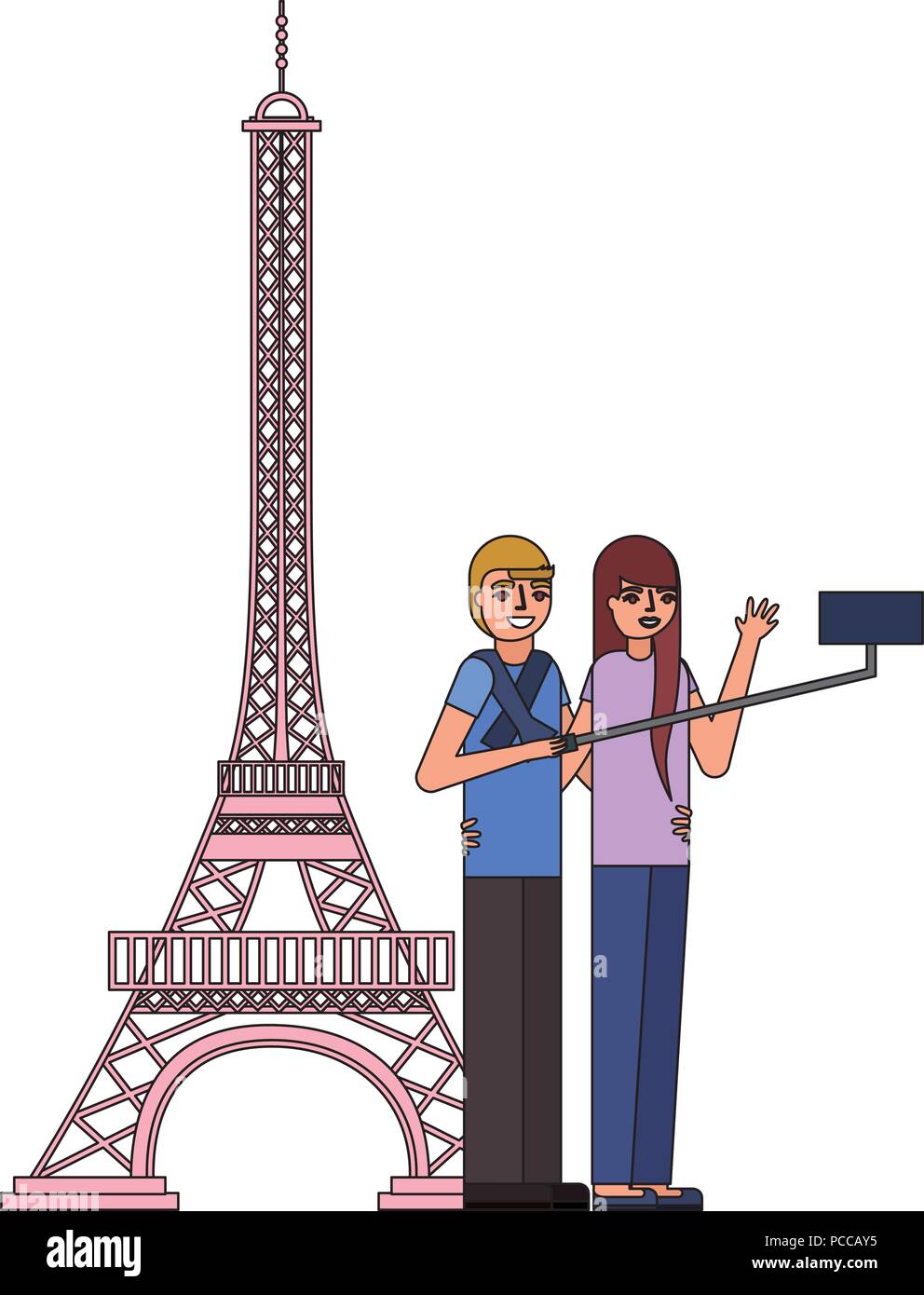 couple making selfie eiffel tower vector illustration Stock Vector ...