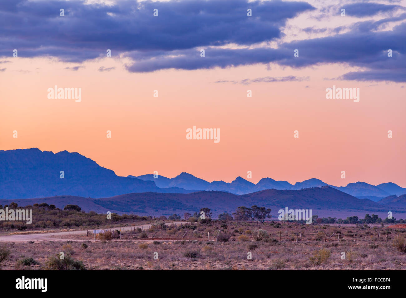 Layers of rugged mountain peaks of Flinders Ranges in South Australia at dusk Stock Photo