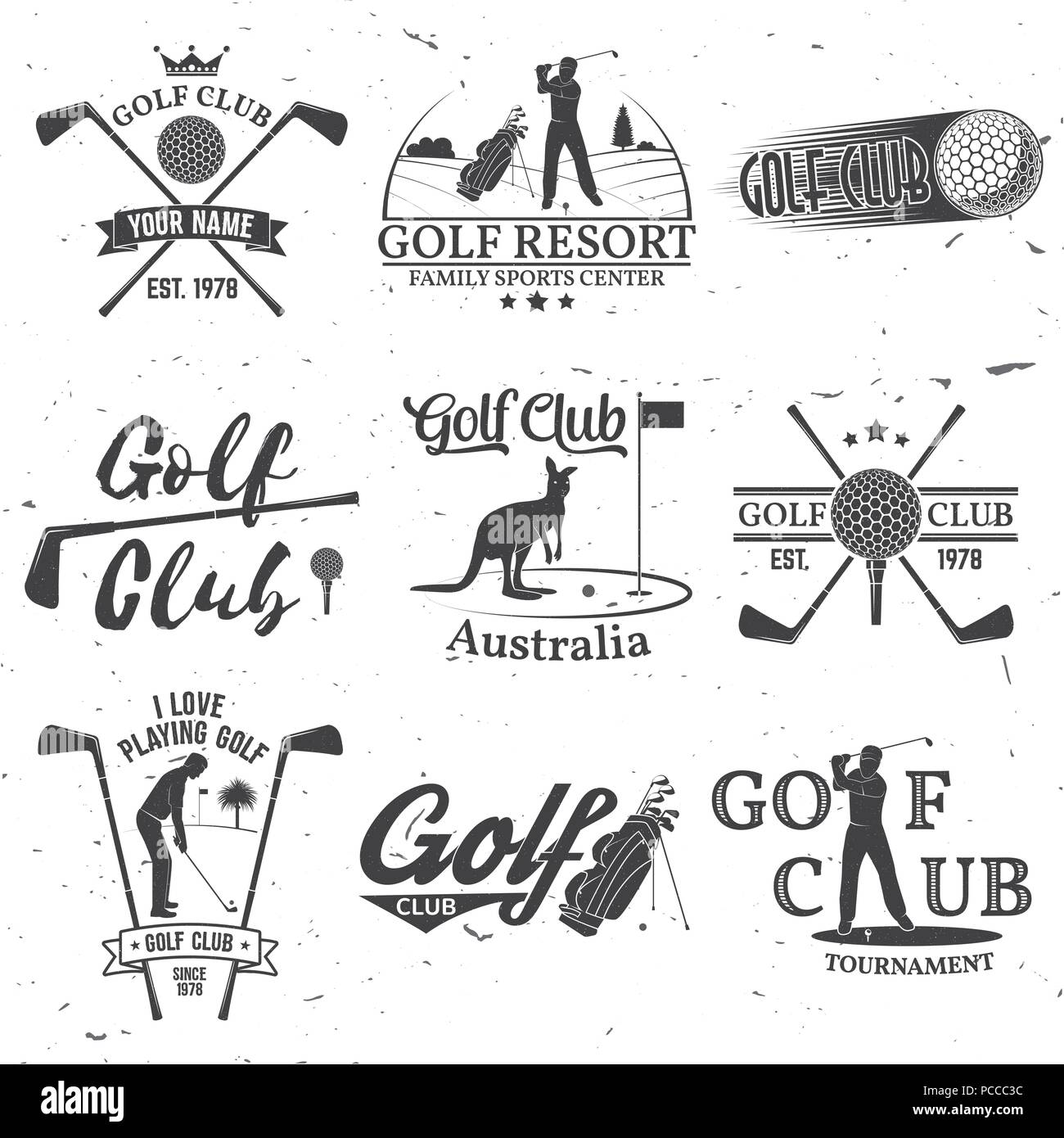 Set of Golf club concept with golfer silhouette. Vector golfing club retro badge. Concept for shirt, print, seal or stamp. Typography design. Stock Vector