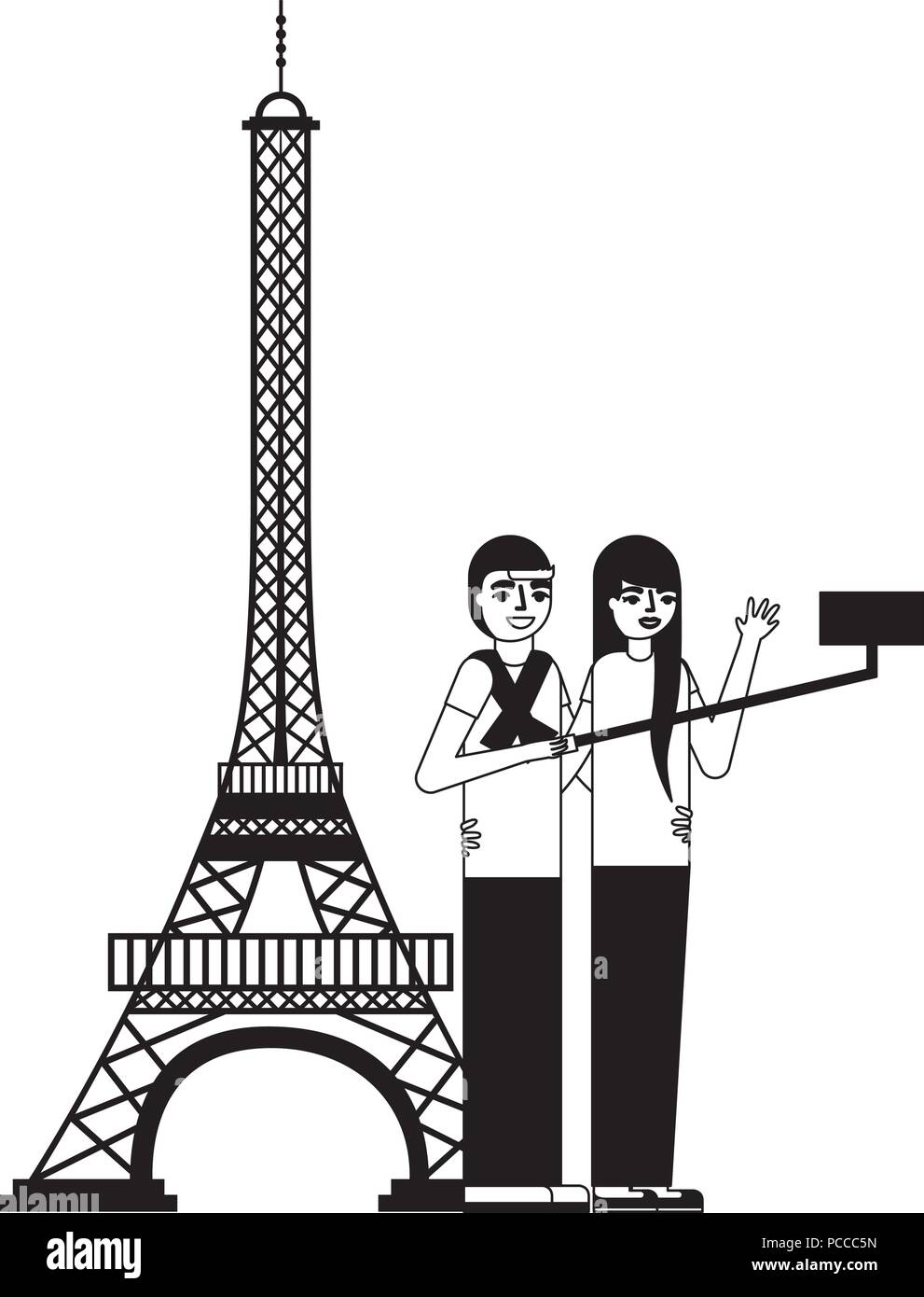 couple making selfie eiffel tower vector illustration monochrome Stock ...