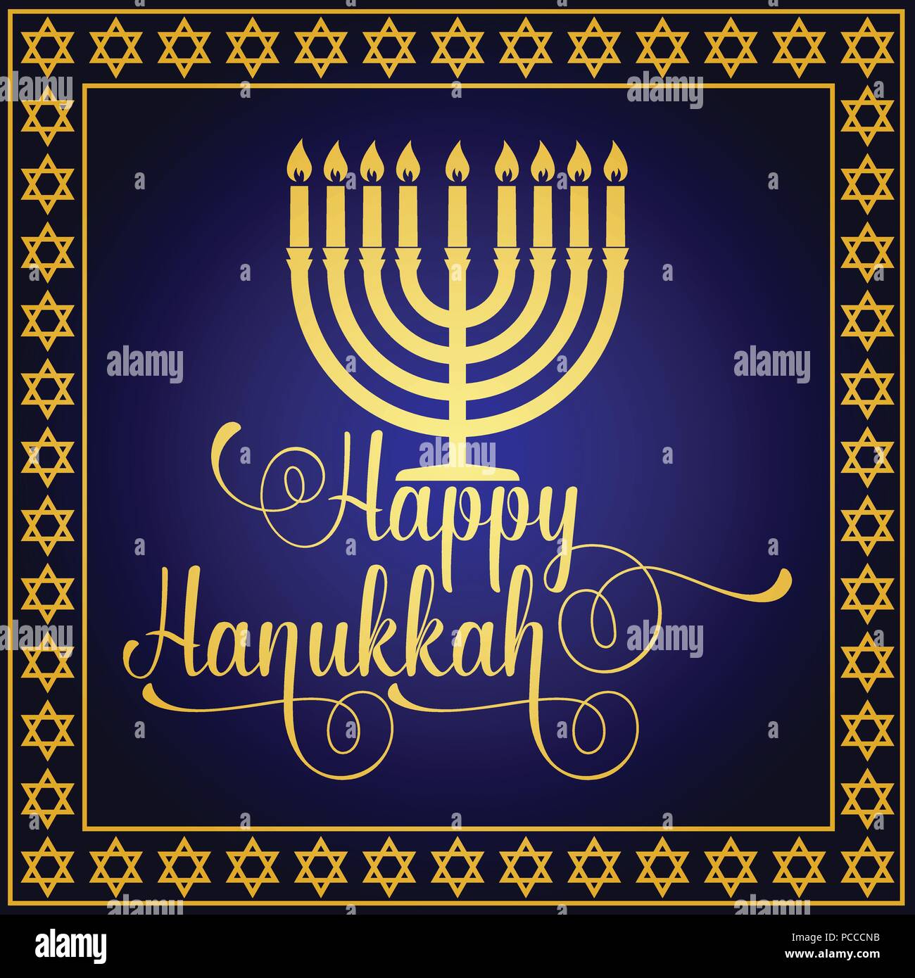 Happy Hanukkah greeting card. Typography design. Candlestick with nine candles. Vector illustration. Card with lettering text and Hanukkah menorah. Co Stock Vector