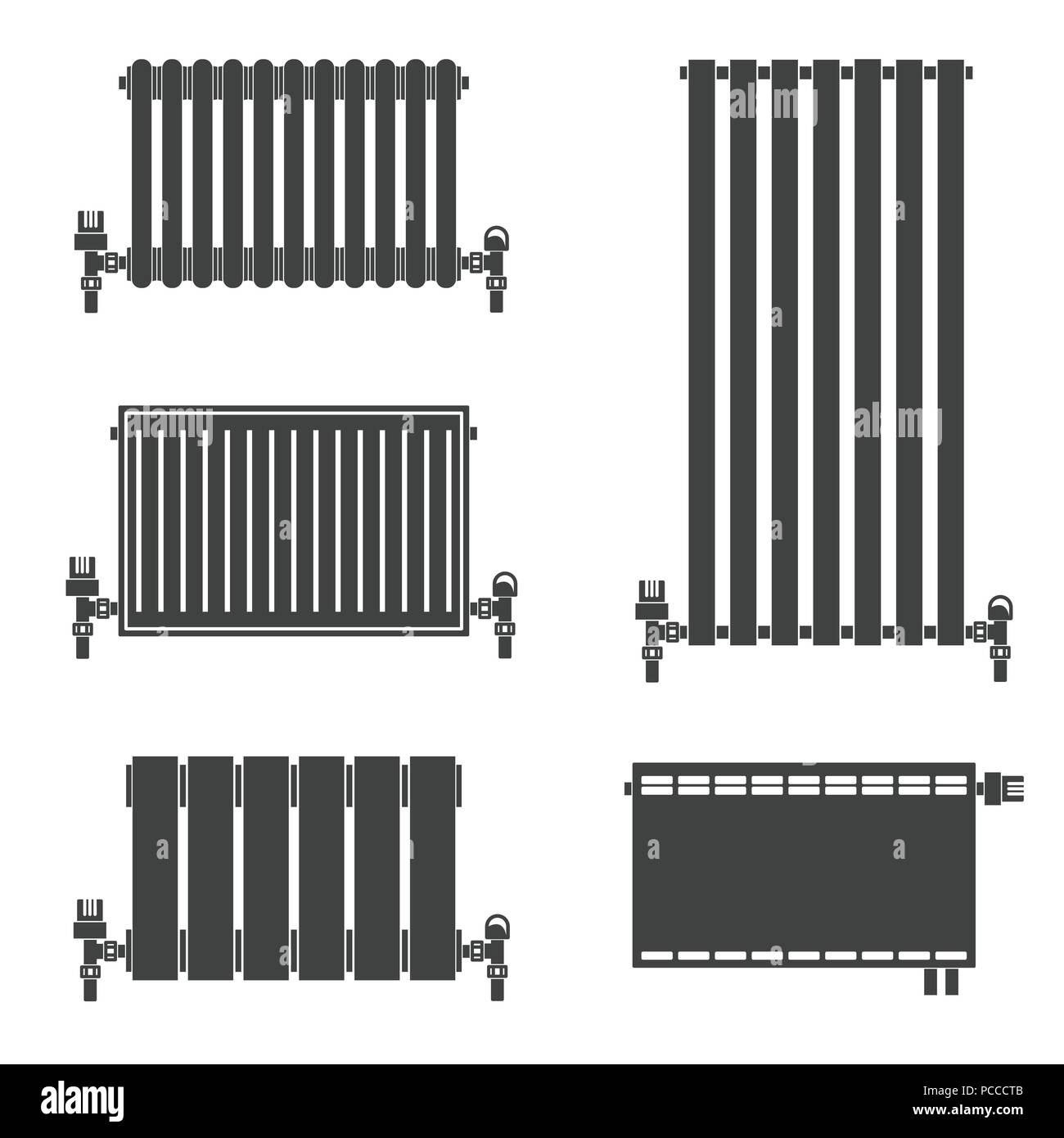 Central Heating Radiators silhouette icons for web and mobile, modern minimalist flat design. Vector black icon on white background. Set of heating ra Stock Vector