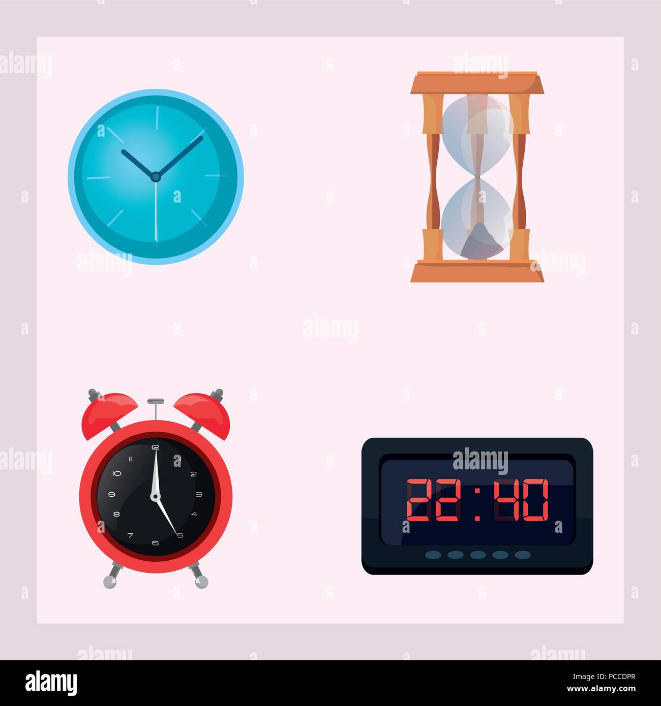 icon set of different clocks over pink background, colorful design