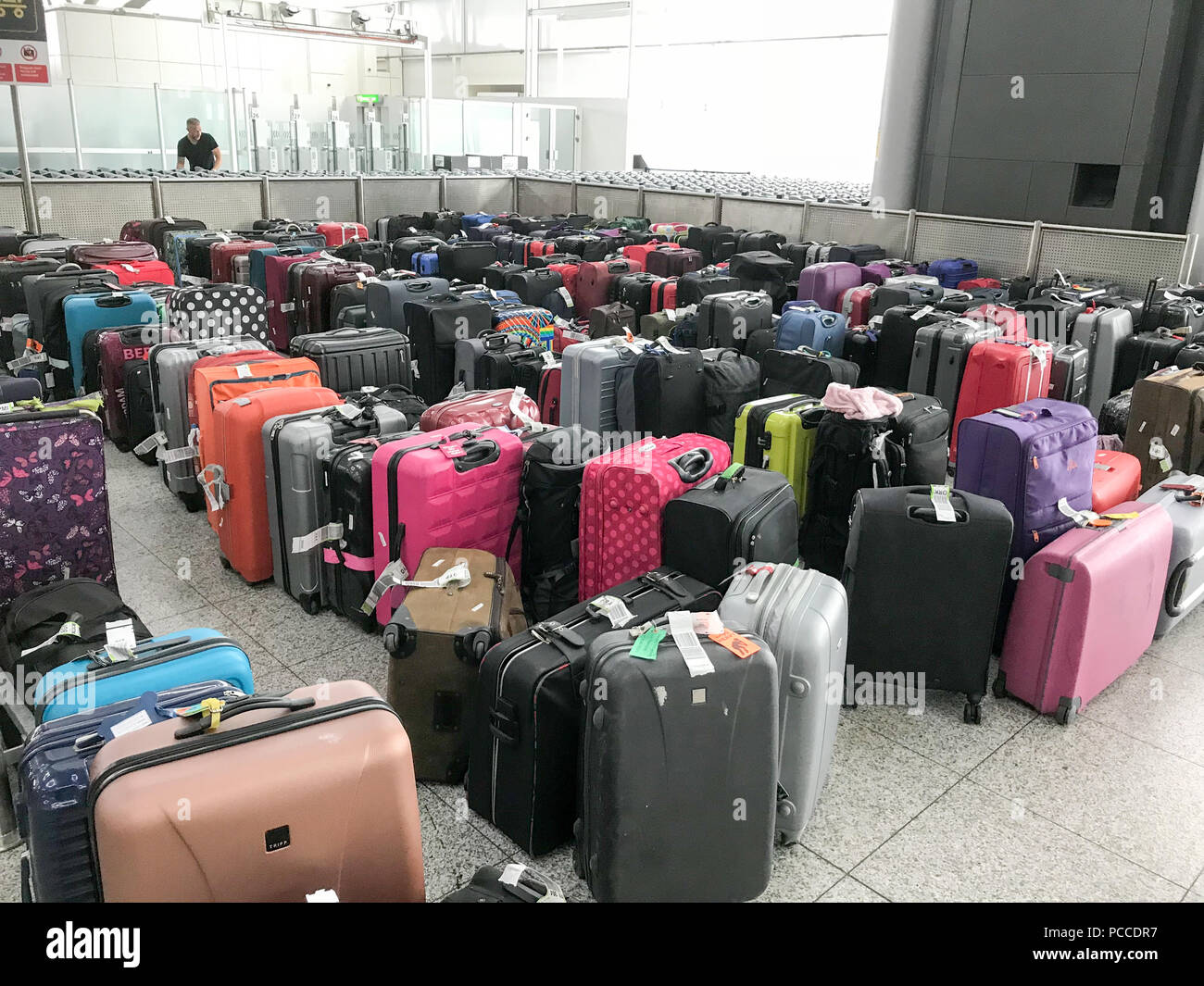 Some of over a thousand abandoned suitcases left at Stansted Airport in  Essex on Sunday afternoon waiting to be collected by passengers who lost  their luggage in the travel chaos at the