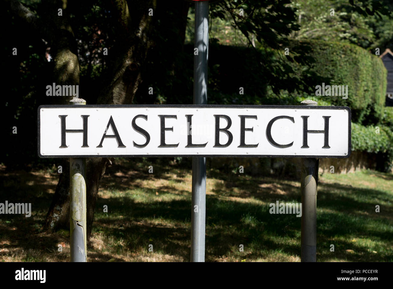 Haselbech village sign, Northamptonshire, England, UK Stock Photo