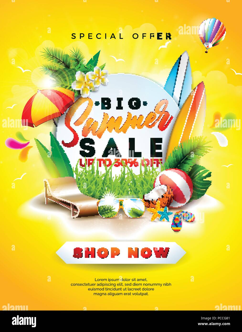 Summer Sale Design with Flower, Beach Holiday Elements and Exotic