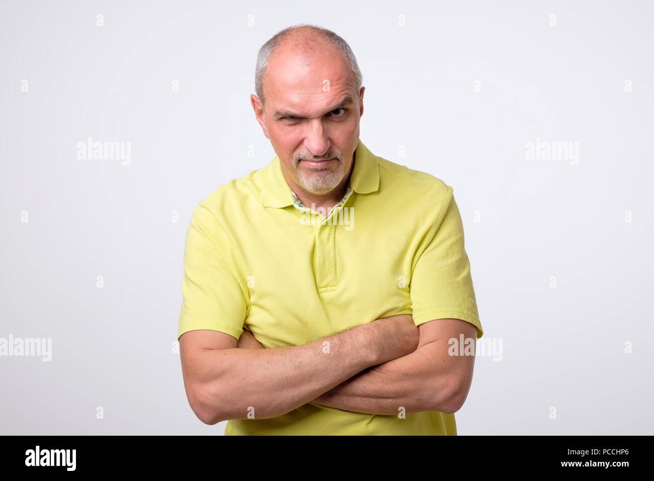 Seniors portrait of contemplative old caucasian man looking at camera. Copy space Stock Photo