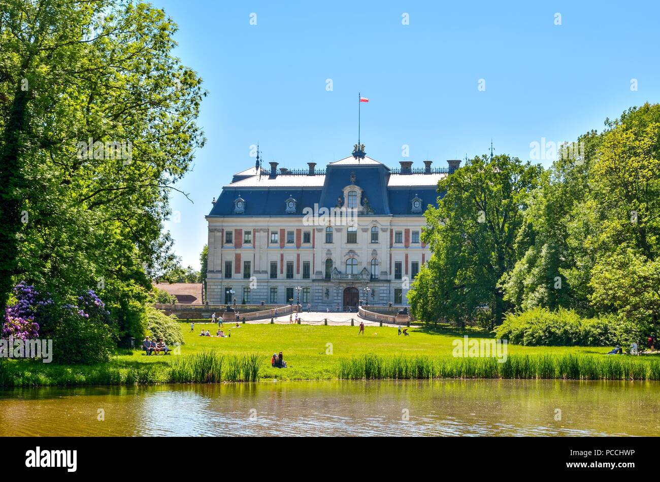 PSZCZYNA, POLAND - MAY 13, 2018: Beautiful antique neo baroque castle in Pszczyna, Poland. Stock Photo
