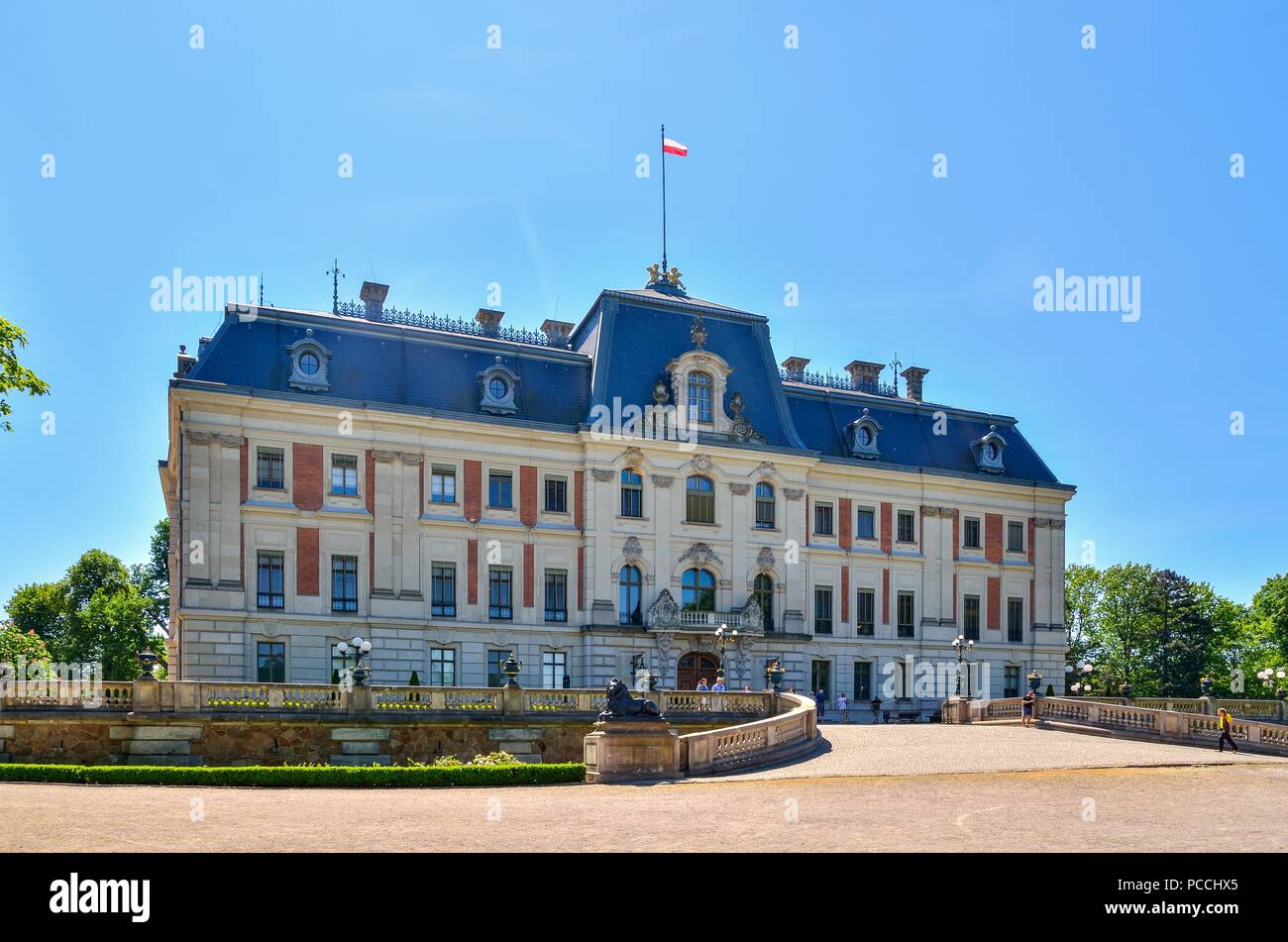 PSZCZYNA, POLAND - MAY 13, 2018: Beautiful antique neo baroque castle in Pszczyna, Poland. Stock Photo
