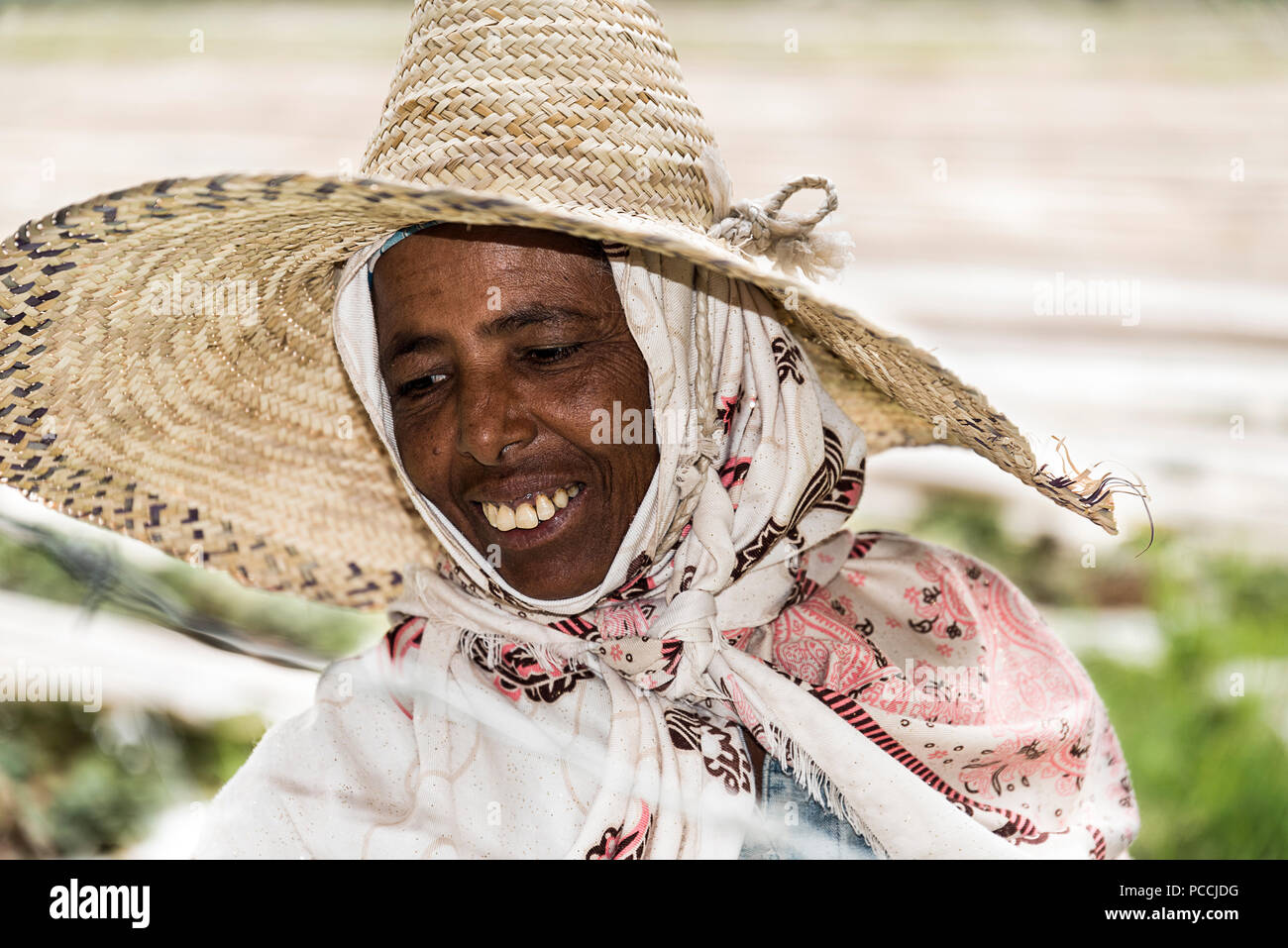 Addis Ababa / Ethiopia - June 30 2017 : Potrait of Ethiopian Women Smiling strawberry farm in background Stock Photo