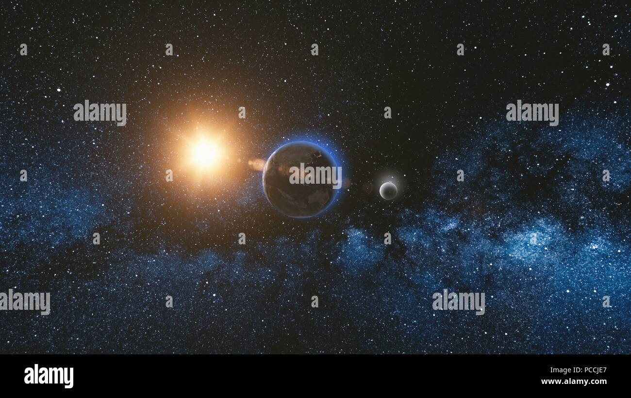 Sunrise view from space on Planet Earth and Moon rotating in space ...