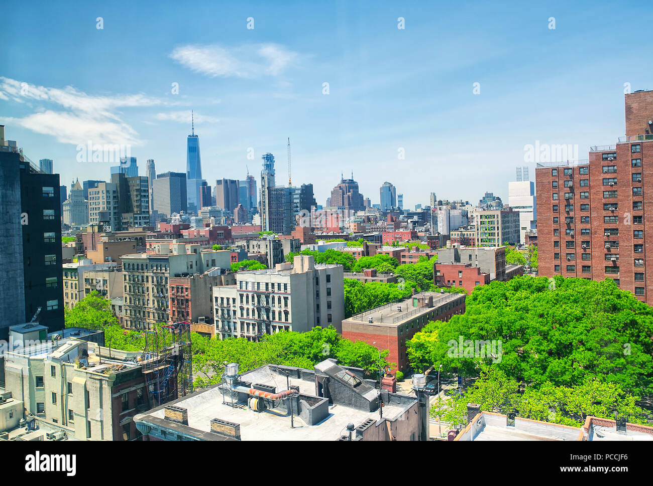 The buildings of the new york city skyline on a sunny day in the ...