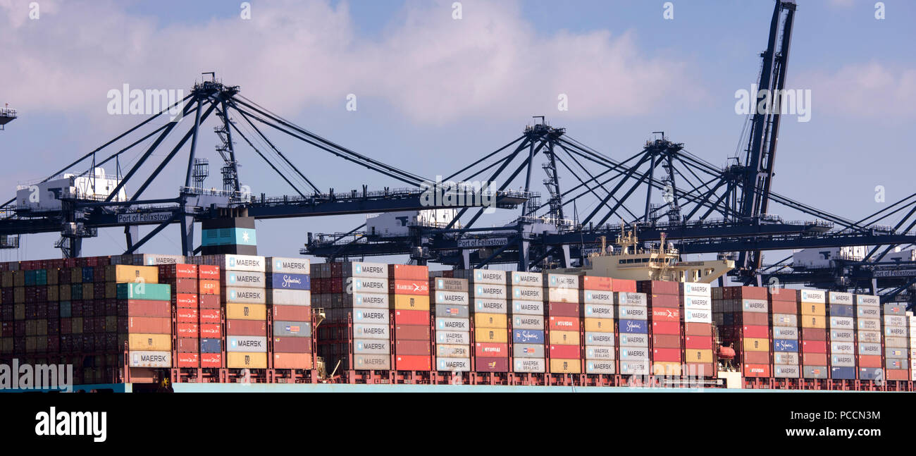 Loading / unloading containers at Port of Felixstowe which handles 42% of British containerised trade under pre Brexit free trade agreement rules Stock Photo