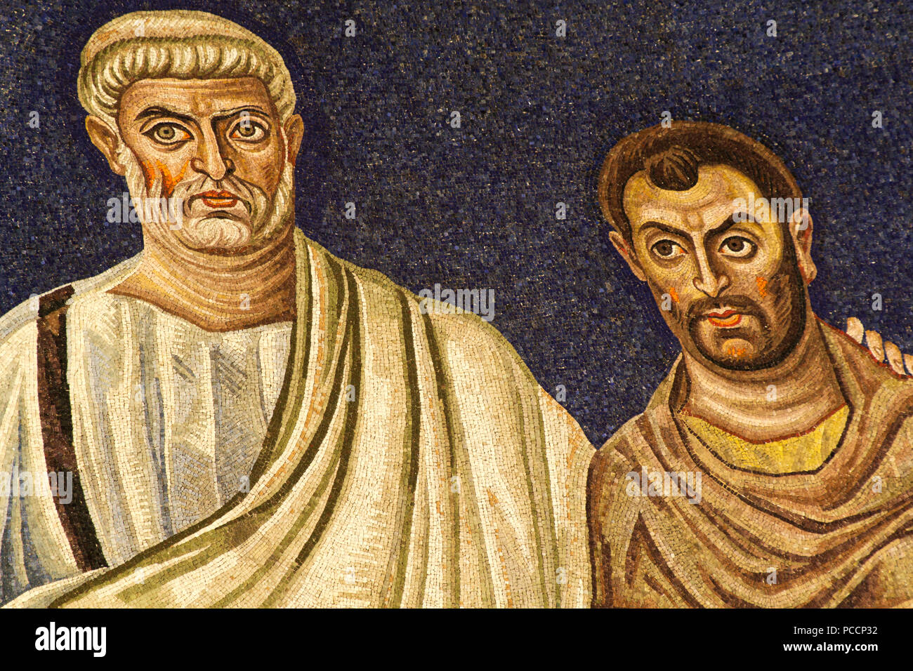 St Peter presenting St Cosmas - Detail of the 6th century apse mosaic (530 AC), Masterpiece of the early Christian Art, Basilica of SS Cosma e Damiano Stock Photo