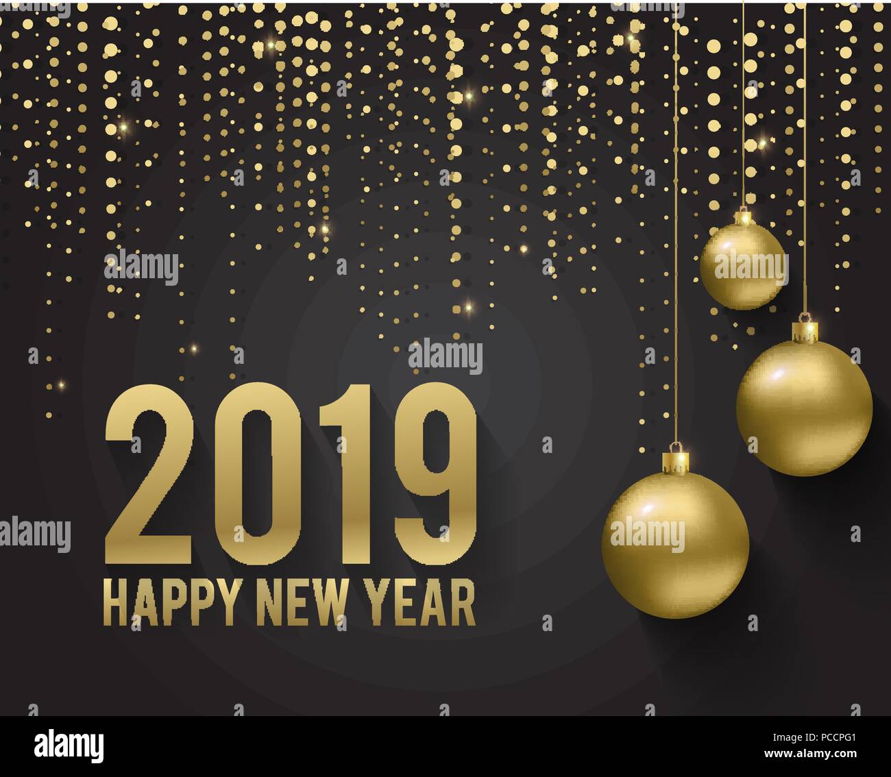 greeting card invitation with happy new year 2019 and christmas metallic gold christmas balls decoration shimmering shiny confetti on a black bac - Black And Gold Christmas Ornaments greeting card invitation with happy new year 2019 and christmas metallic gold christmas balls decoration shimmering shiny confetti on a black bac - Black And Gold Christmas Ornaments