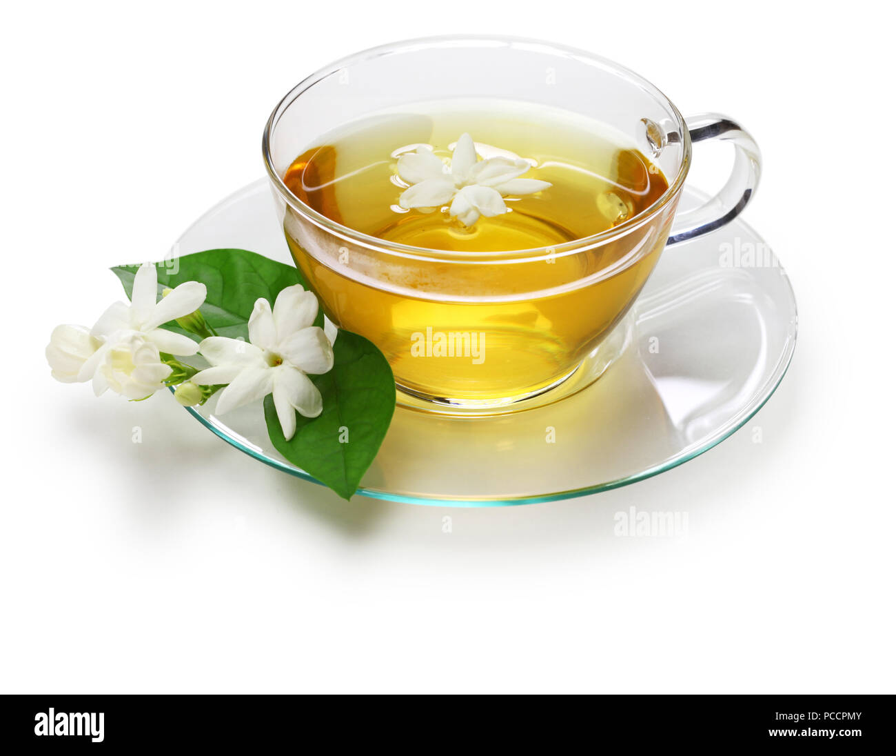 homemade jasmine tea and arabian jasmine flower isolated on white