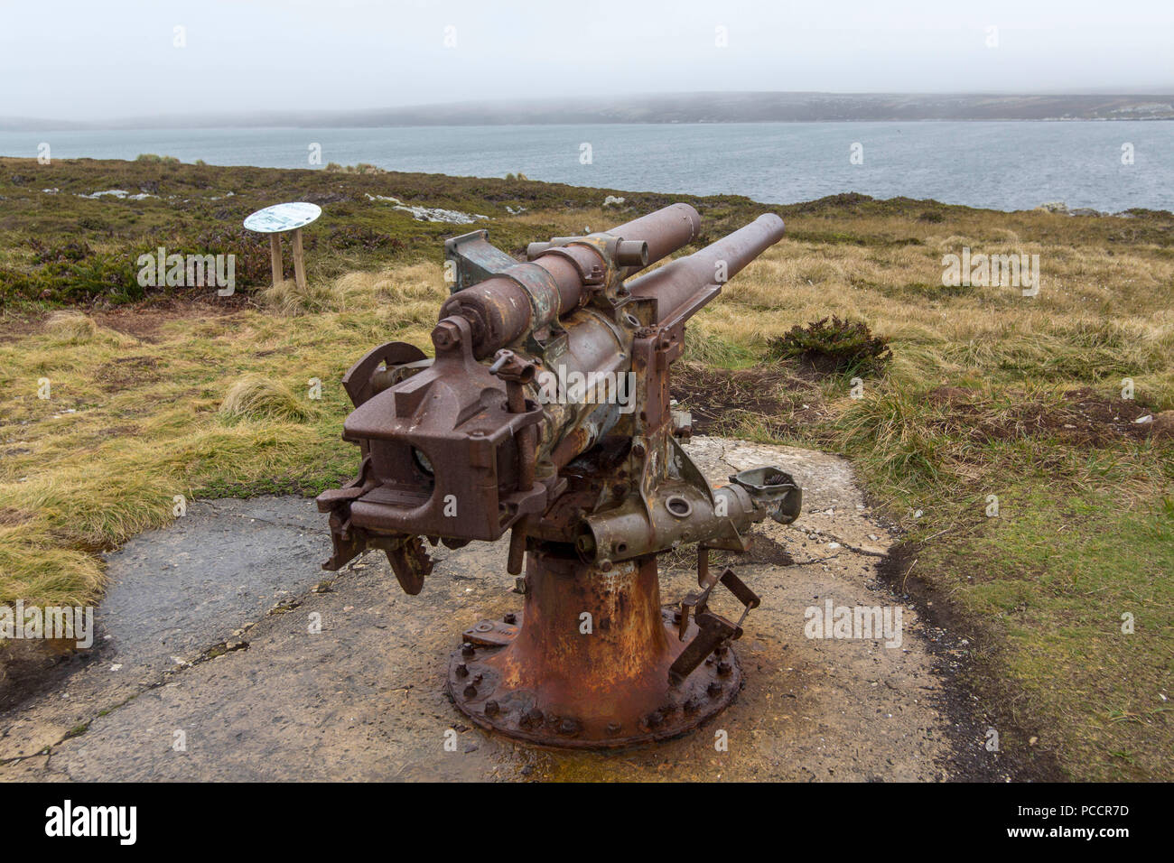 Rusting gun barrel turret in the Falkland Islands. Stock Photo