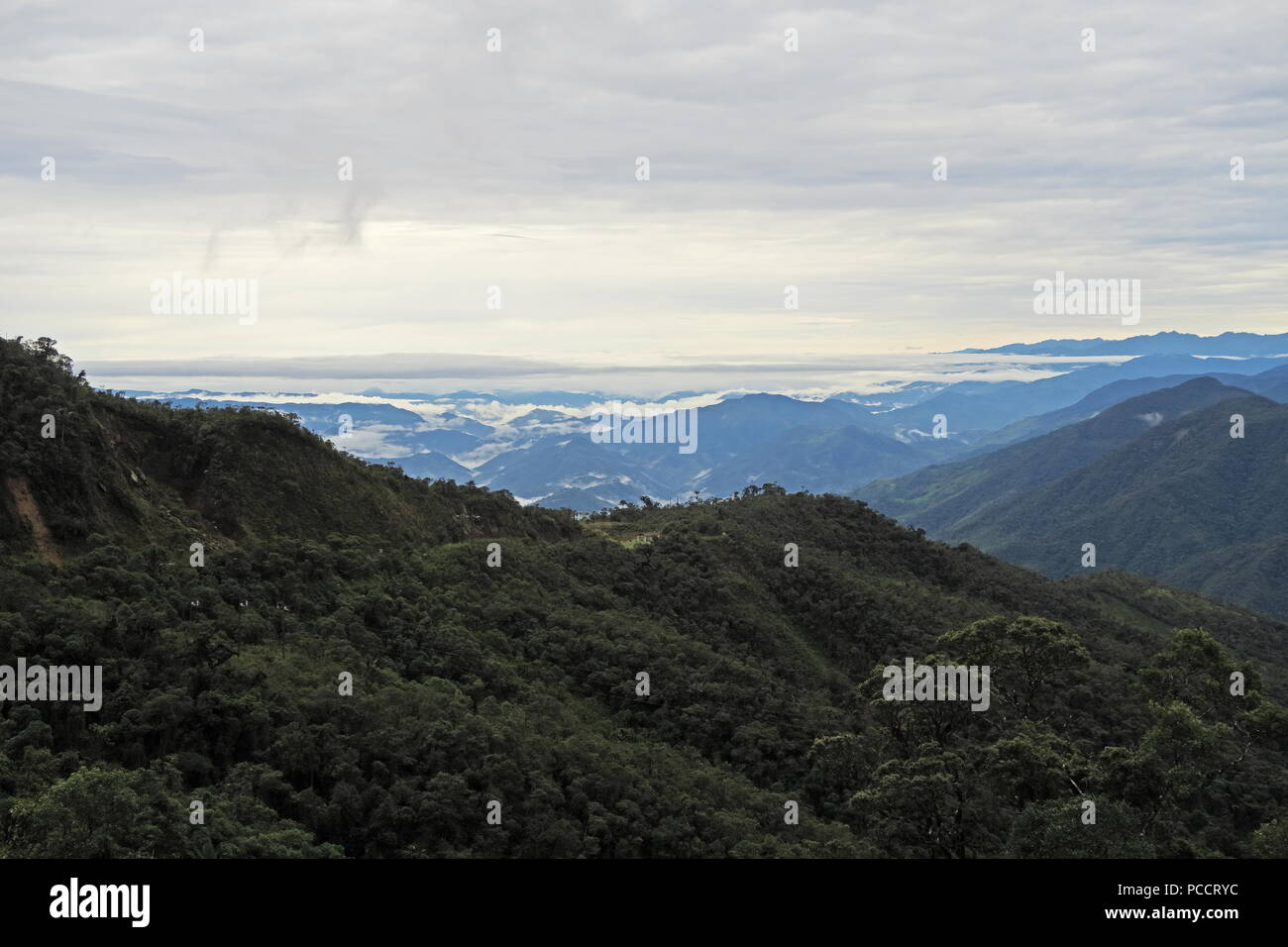 view over mountains in the evening  Tapichalaca Reserve, Zamora-Chinchipe Province, Ecuador Stock Photo
