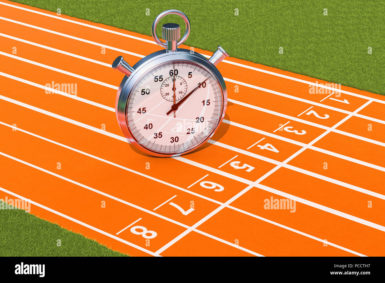 Silver stopwatch, chronometer on the running track. 3D rendering Stock Photo