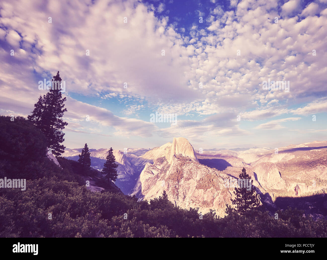 Vintage stylized picture of the Yosemite National Park at sunset, California, USA. Stock Photo