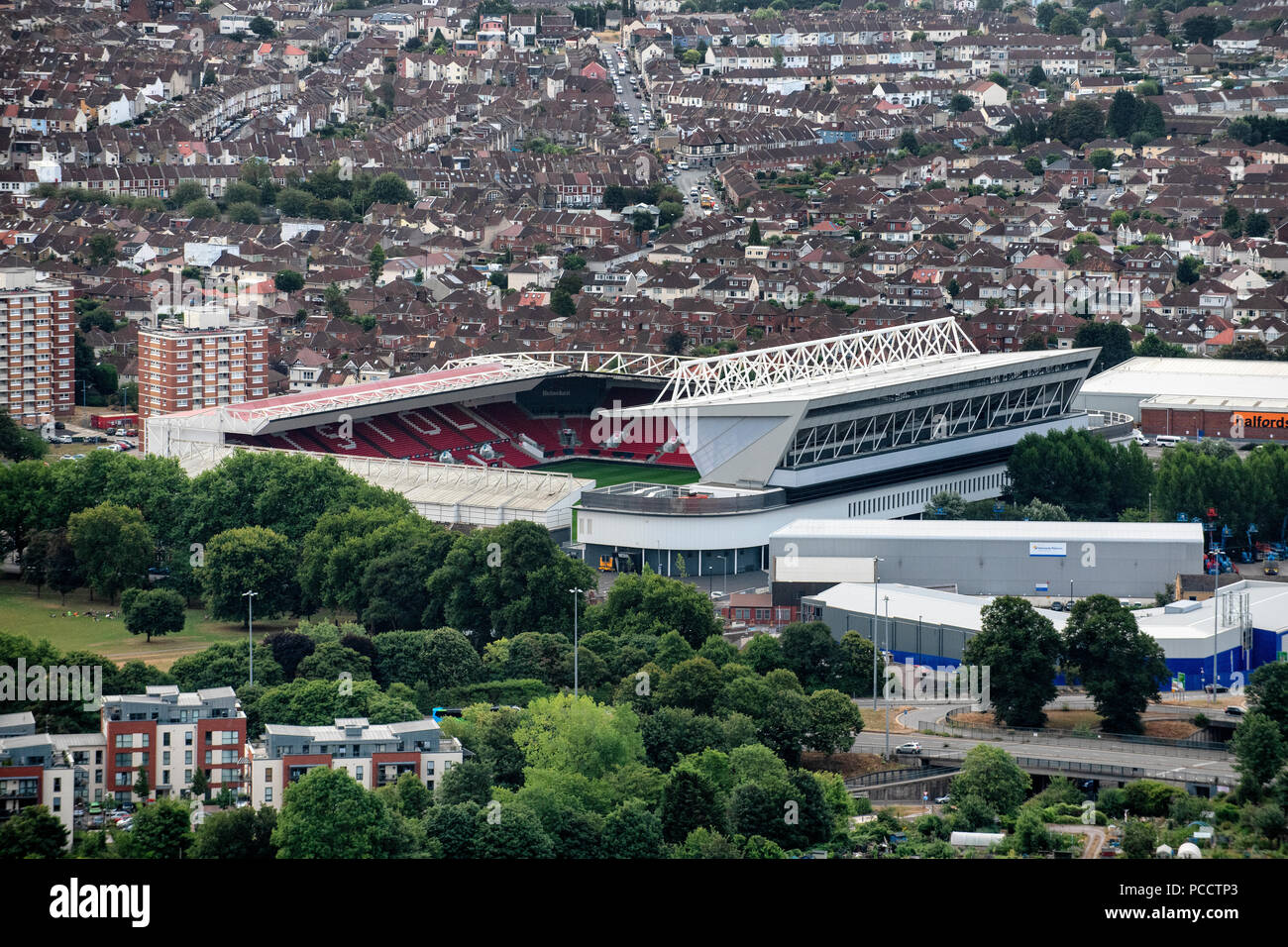 An aerial view of Ashton Gate stadium in Bristol, home of Bristol City Football Club and Bristol Rugby Club. Stock Photo