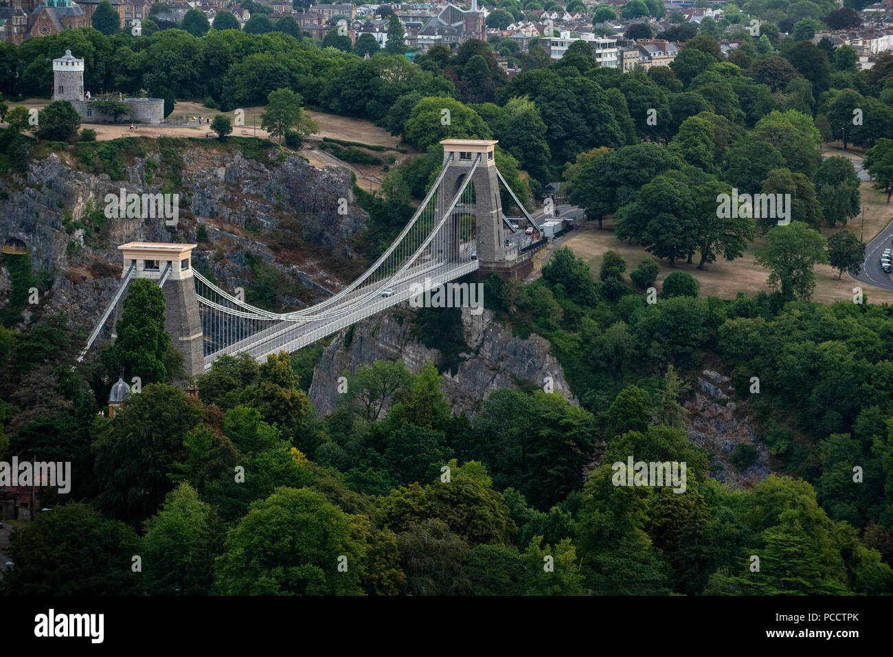 An aerial view of Clifton Suspension Bridge in Bristol, United Kingdom