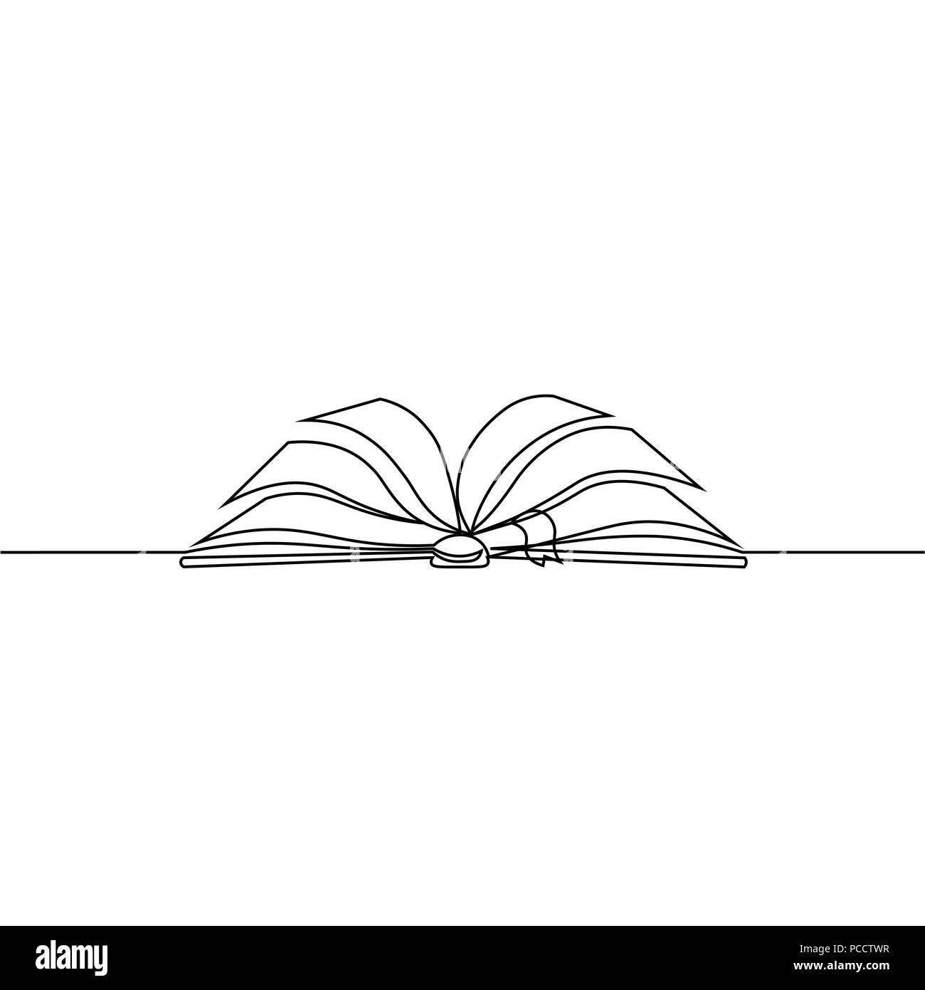 Opened book with pages isolated on white. Continuous line drawing. Vector illustration Stock Vector