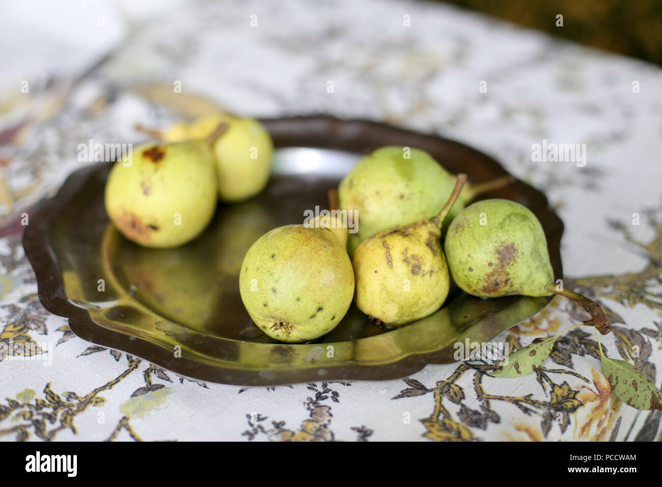 Pears on metal plate on the table Stock Photo