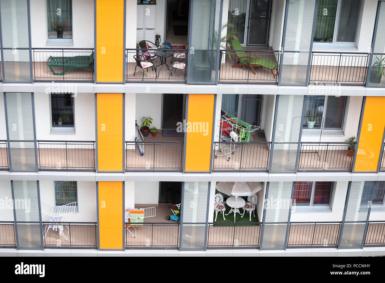 Balconies from a block of flats in Bucharest, Romania Stock Photo