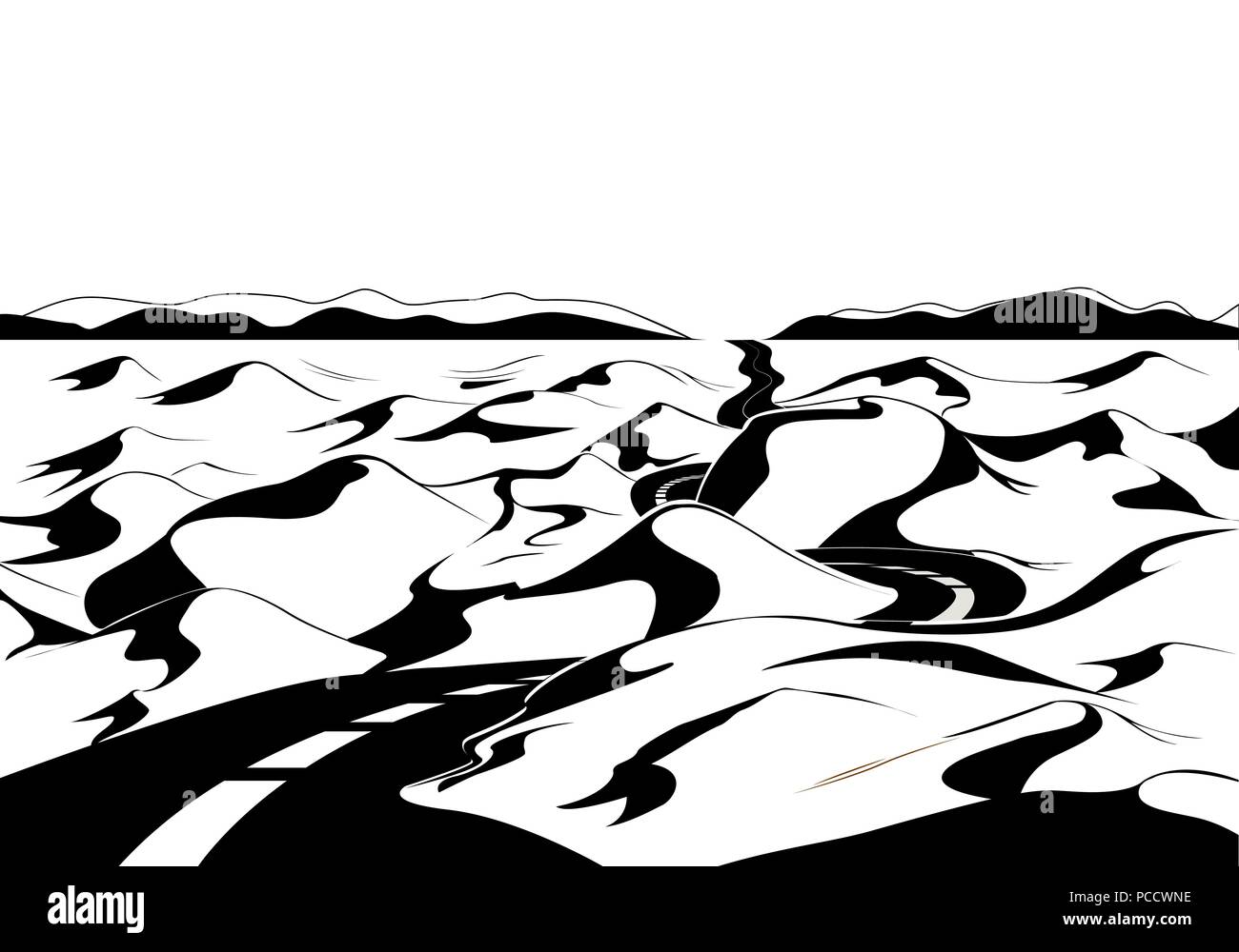 Road through the desert. Cartoon landscape. Vector illustration, black and white Stock Vector