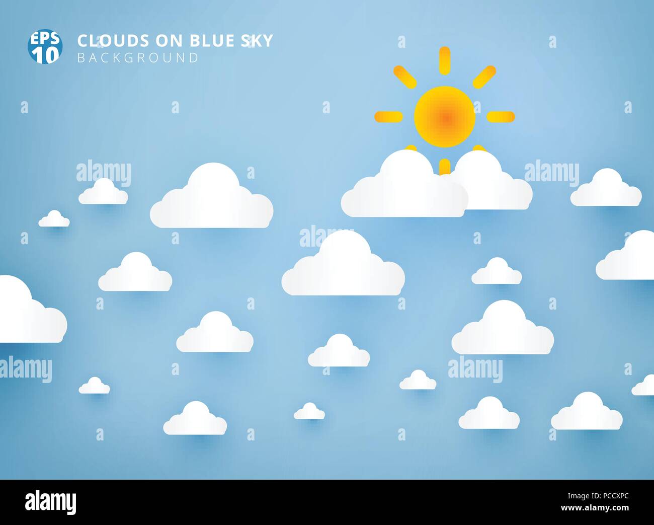 Sun and white clouds on pastel blue sky background design paper art and ...