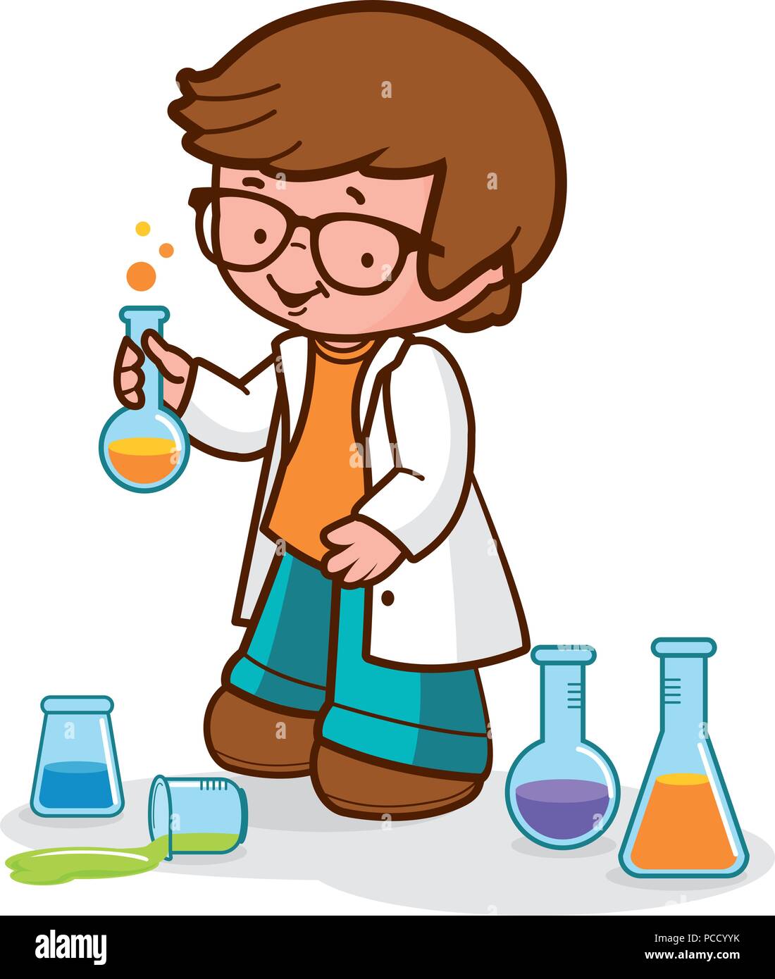Boy using chemistry test tubes, doing science experiments and making a mess. Vector illustration Stock Vector