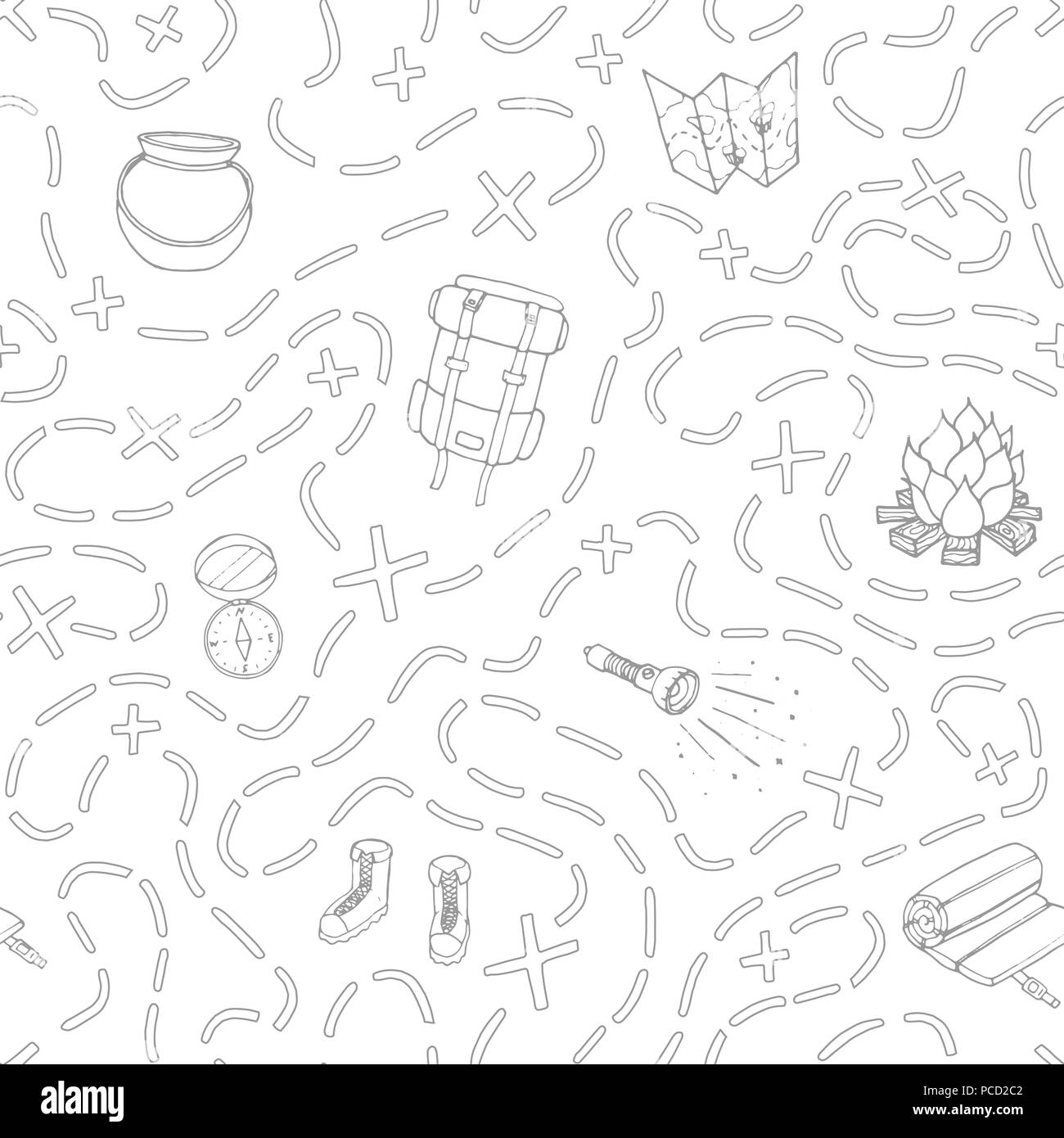 Vector camping seamless pattern with backpack, bonfire, shoes, map, cauldron, sleeping bag, flashlight, compass and path to location outline. Hand dra Stock Vector