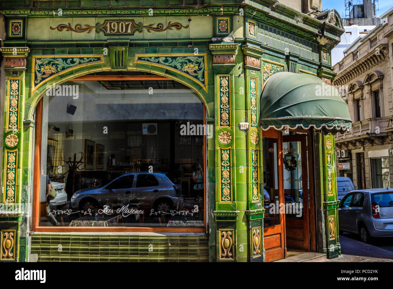 Old green tiled restaurant, historic colonial Ciudad Vieja, Old Town, Montevideo, Uruguay, South America Stock Photo