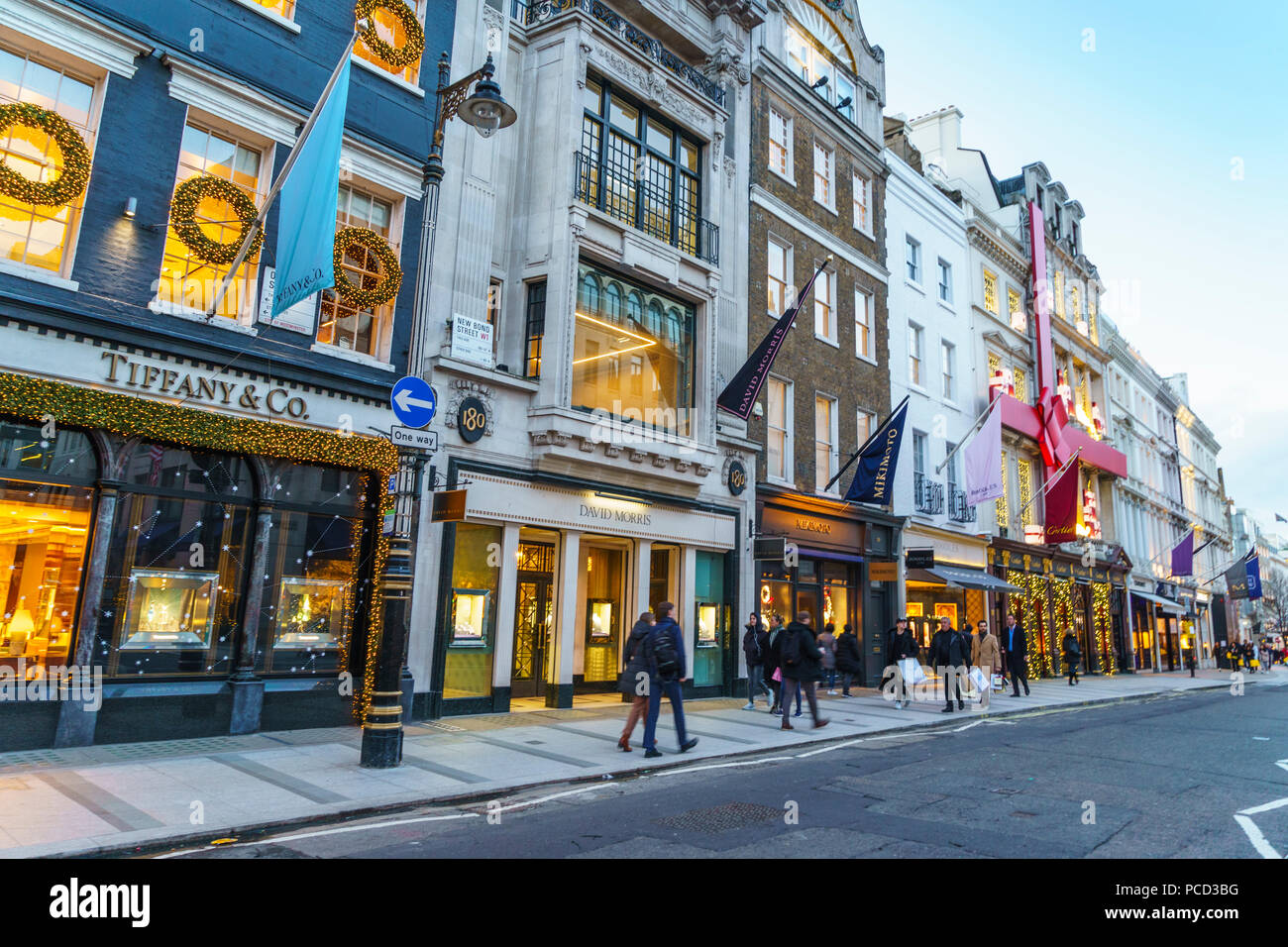 New Bond Street, one of London's most prestigious shopping streets, at Christmas time, London, England, United Kingdom, Europe Stock Photo