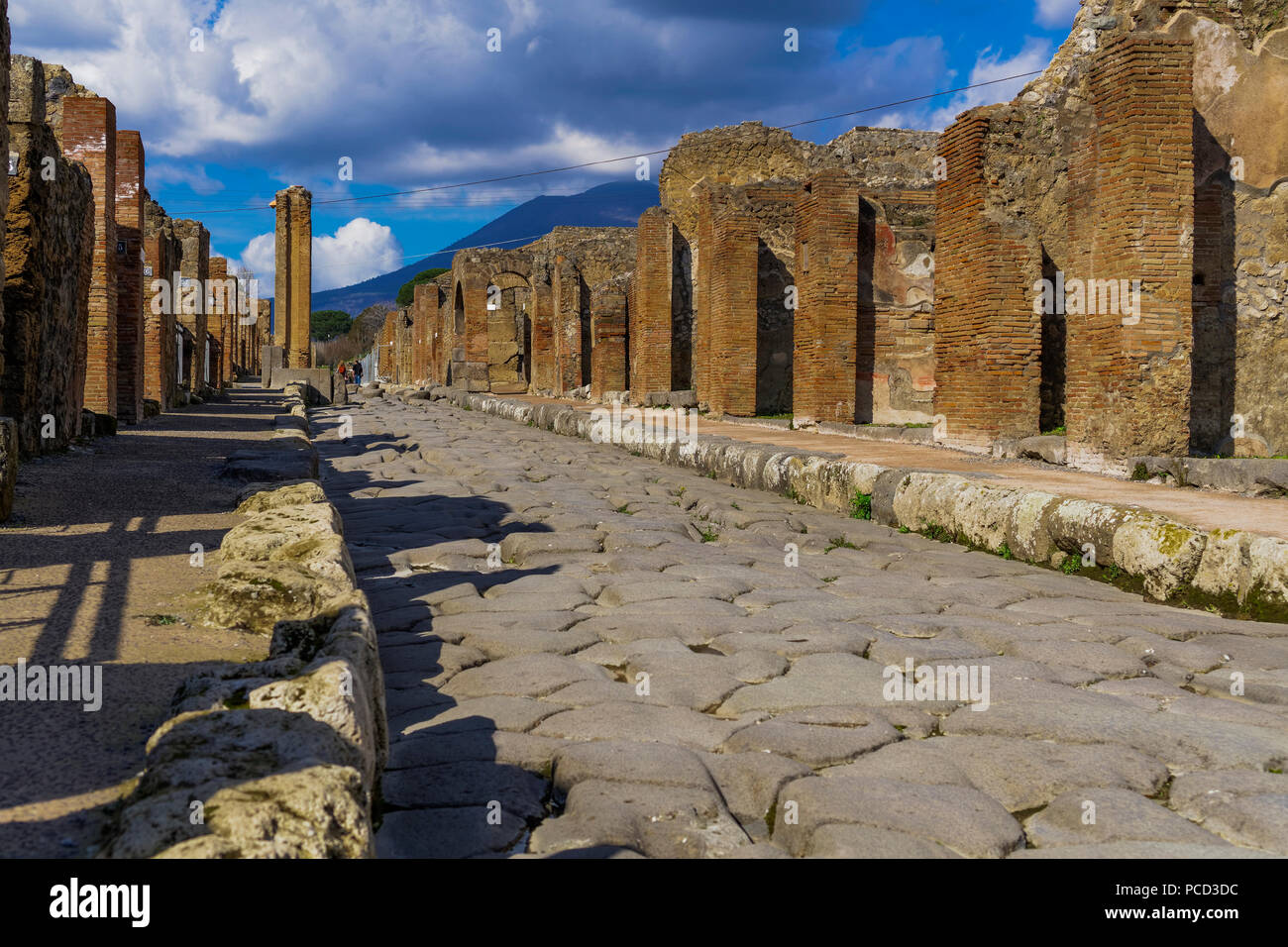 Wide street lined with plebeians houses and structured formation of cobblestoned path with higher kerbs to wash away debris, Pompeii, UNESCO, Italy Stock Photo