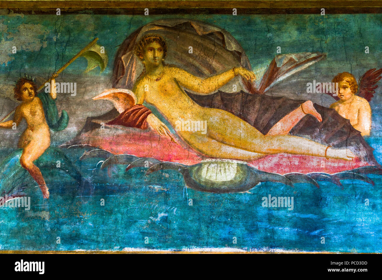 Casa di Venus fresco of Aphrodite lying on a conch shell with nymphs at House of D. Lucretii Satrii Valentes, Pompeii, UNESCO, Campania, Italy, Europe Stock Photo