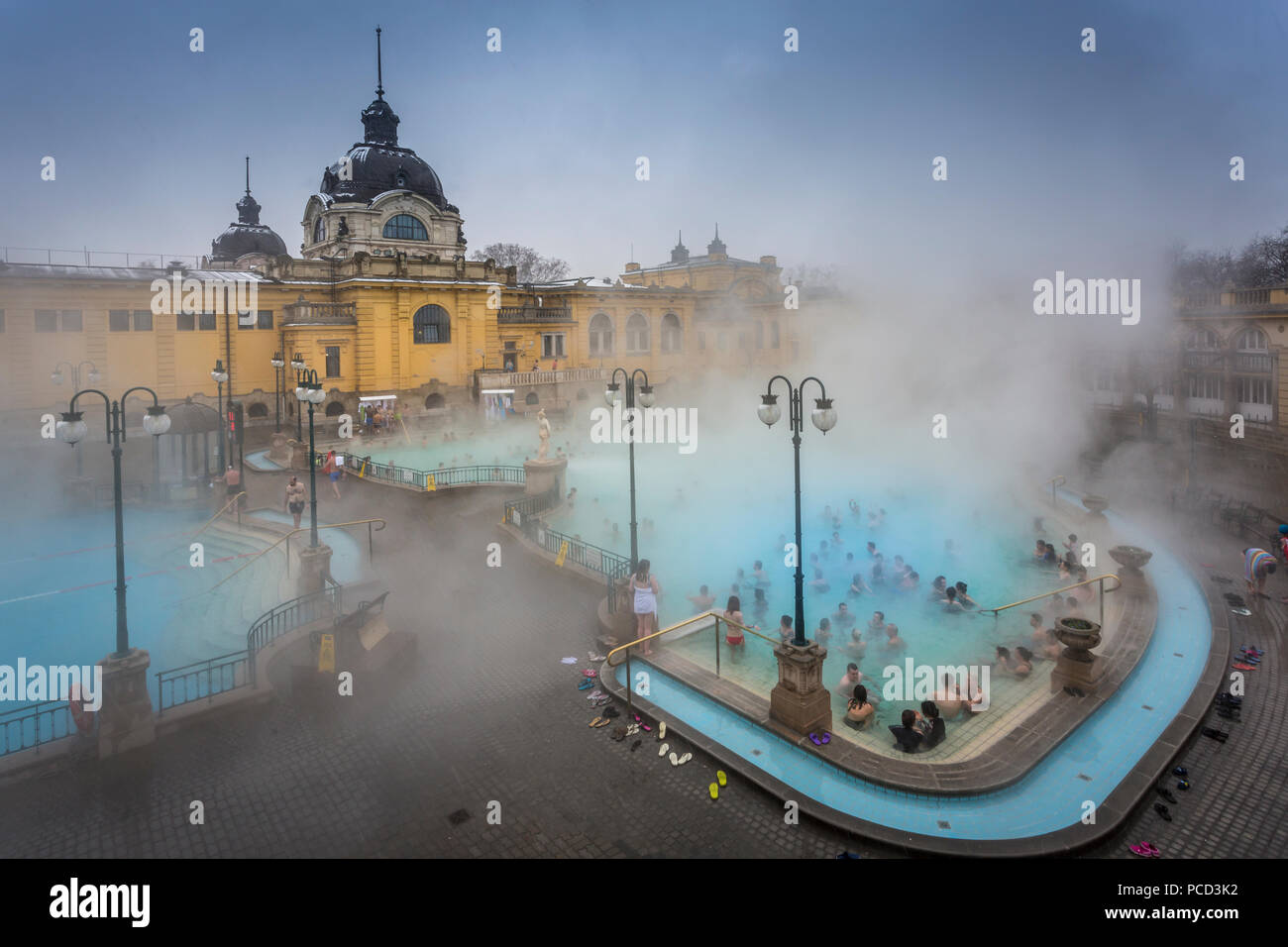 View of outside thermal spa at Szechenhu Thermal Bath in winter, Budapest, Hungary, Europe Stock Photo