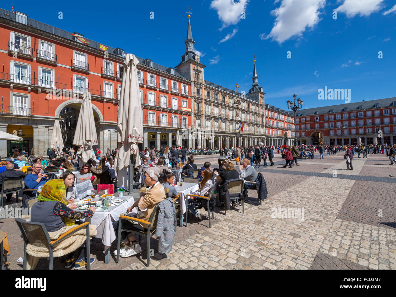 View of Al Fresco restaurants and architecture in Calle Mayor, Madrid