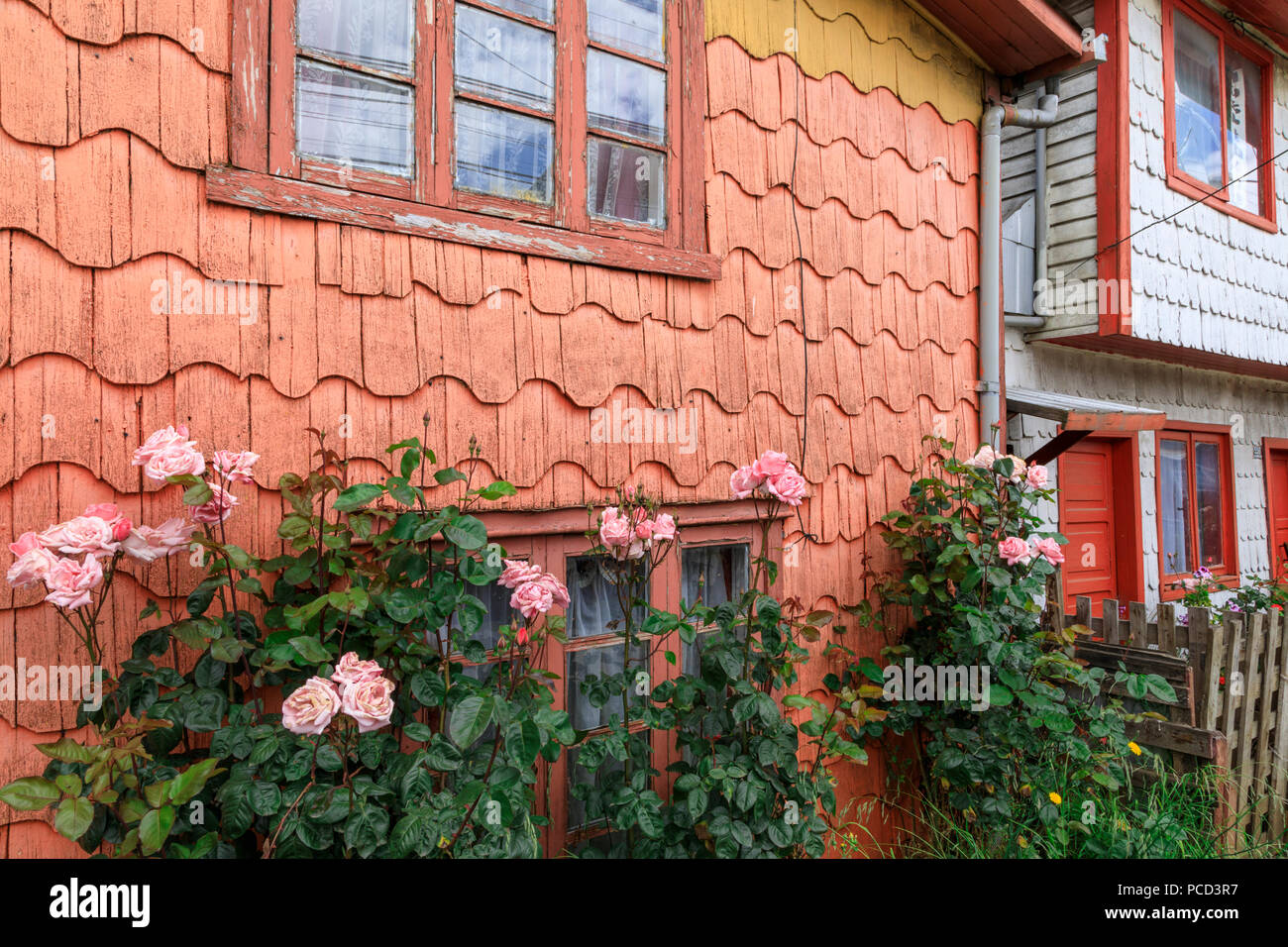 Palafitos (stilt houses) detail, showing tejuelas wood shingles, unique