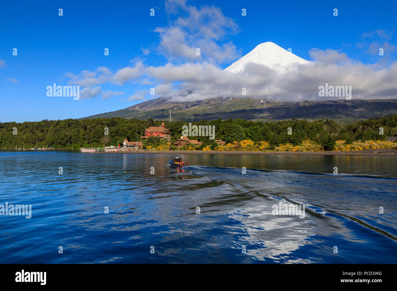Petrohue, snowcapped, conical Osorno volcano, Lake Todos Los Santos