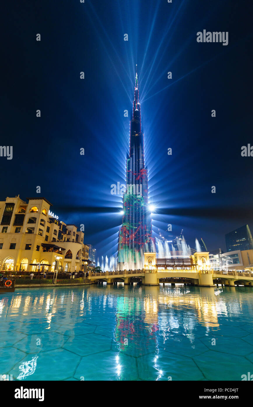 Burj Khalifa Light and Laser Show, Dubai Mall and Burj Khalifa Lake, Dubai, United Arab Emirates, Middle East Stock Photo
