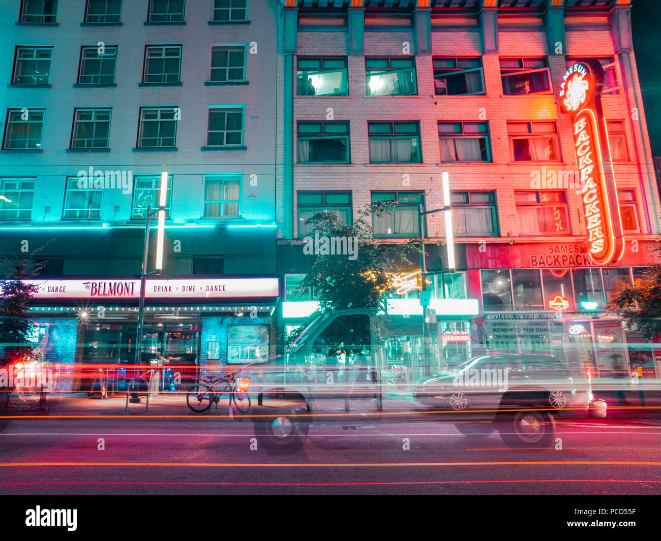 Neon lights at night on Granville Street, Vancouver, British Columbia, Canada, North America Stock Photo