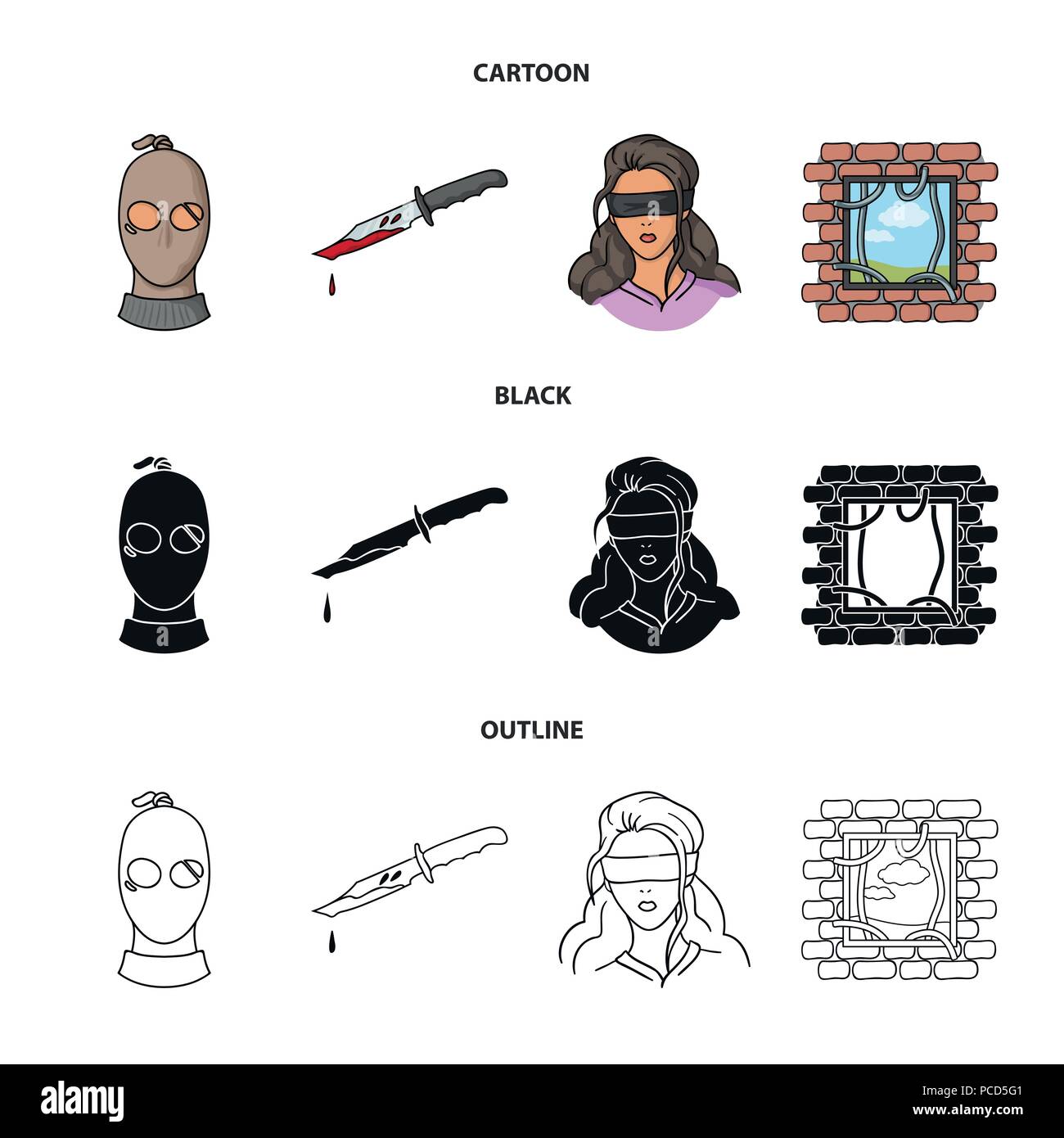 A thief in a mask, a bloody knife, a hostage, an escape from prison.Crime set collection icons in cartoon,black,outline style vector symbol stock illu Stock Vector