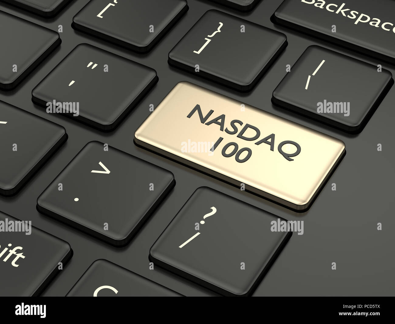 3d render closeup of computer keyboard with NASDAQ 100 index button. Stock market indexes concept. Stock Photo