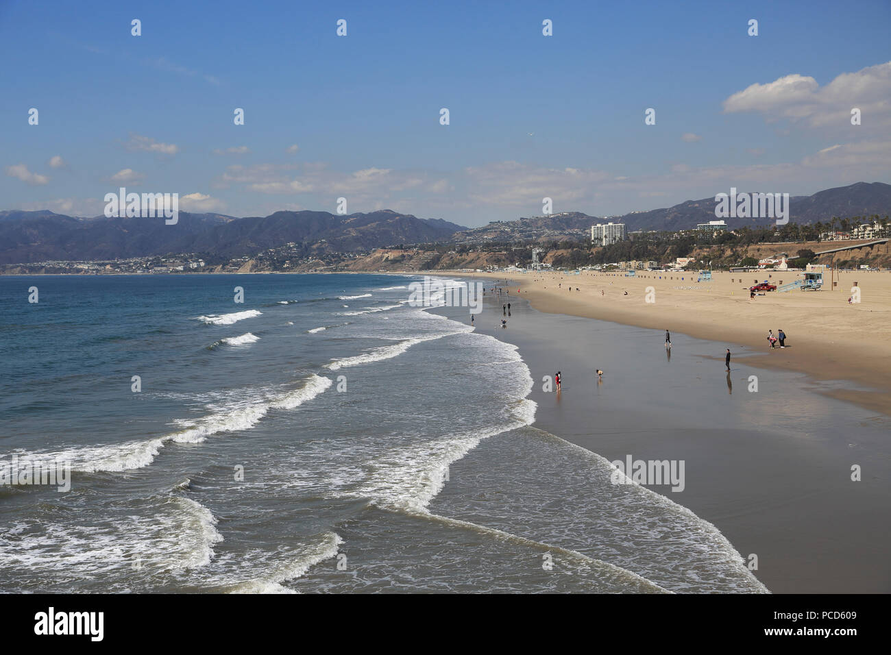 Beach, Santa Monica, Pacific Ocean, Malibu Mountains, Los Angeles, California, United States of America, North America Stock Photo