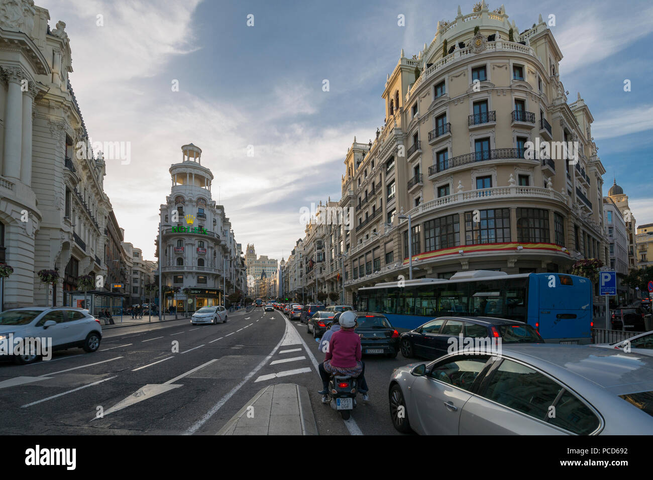 View of traffic on Gran Via at early evening, Madrid, Spain, Europe Stock Photo